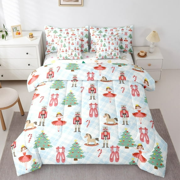 Manfei Kawaii Ballet Dancer 7pcs Bedding Comforter Set,Xmas Tree Candy Cane Queen Bedding Sets,Christmas Nutcraker Soldier Queen Sheet Sets For Teens,Ultra Soft Home Decor Reversible