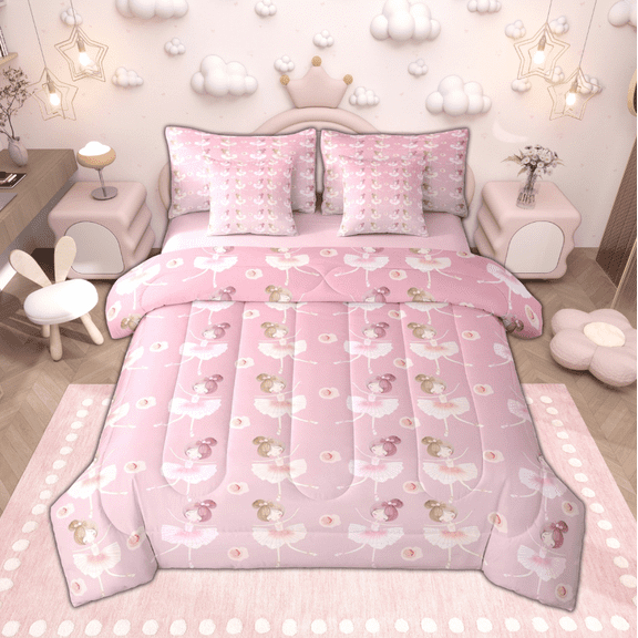 Manfei Kawaii Ballet Girl Bedding Comforter Set 7-Piece, Cute Ballerina King Bedding Sets, Princess Flower Bed Sheets, Microfiber Bedroom Decor