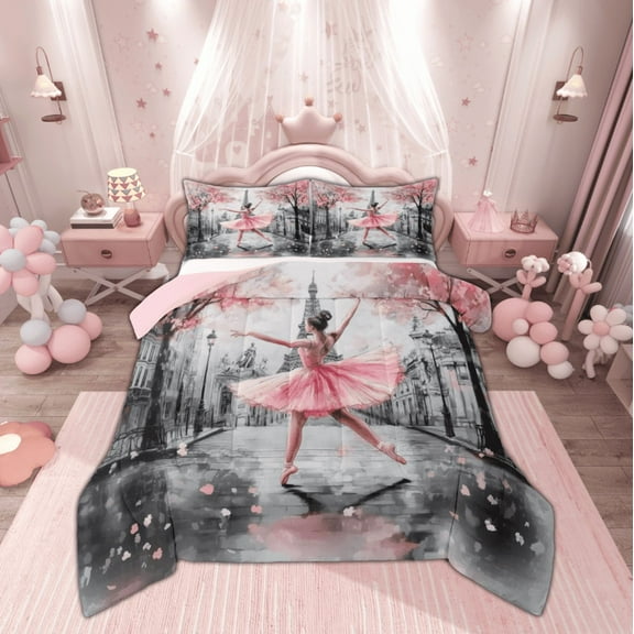 Manfei Kawaii Ballet Princess Bedding Comforter Set, Romantic Paris Eiffel Tower Twin Comforter Sets, Oil Printing Reversible Bedding Set, Lightweight Room Decor, 2-Piece