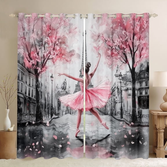 Manfei Kawaii Ballet Princess Black Out Curtains, Romantic Paris Eiffel Tower Curtains Pack of 2 (42x63 Each), Oil Printing Bedroom Curtains, Curtains and Drapes Room Decor