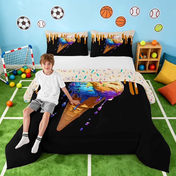 Manfei Kawaii Baseball King Size Comforter Sets, Ice Cream Drip Sport Comforters King Size, Black Orange Multicolor, Stars Reversible 3-Piece 1 Comforter and 2 Pillowcases