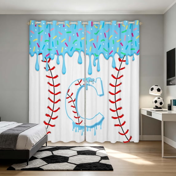 Manfei Kawaii Baseball Kitchen Curtains, Sport C Letter Black Out Curtains Pack of 2 (42x63 Each), Light Blue C