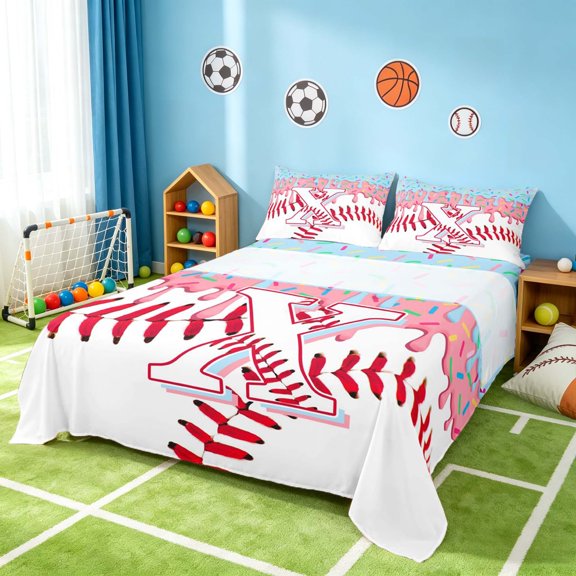 Manfei Kawaii Baseball Queen Sheets, Girls X Letter Queen Sheet Sets, Pink Light Blue X 4pcs(1 Flat Sheet, 1 Fitted Sheet and 2 Pillowcases)