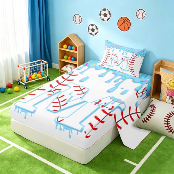 Manfei Kawaii Baseball Twin Sheets, Sport Personalized Initial MBedding, Light Blue M 3pcs(1 Flat Sheet, 1 Fitted Sheet and 1 Pillowcase)