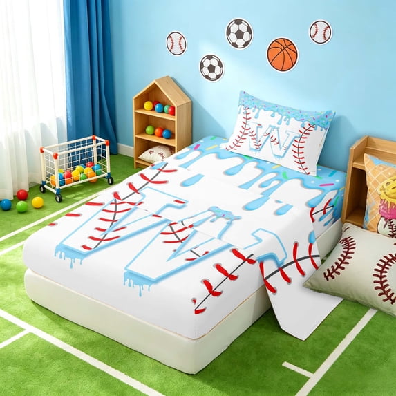 Manfei Kawaii Baseball Twin Sheets, Sport W Letter Bedding, Light Blue W 3 Pieces(1 Flat Sheet, 1 Fitted Sheet and 1 Pillowcase)
