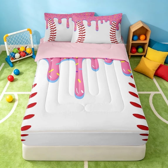 Manfei Kawaii Baseball Zipper Queen Comforter Set with Fitted Sheet and 2 Pillowcases, Cute Sports Zipper Bedding Set, Pink Red Blue White