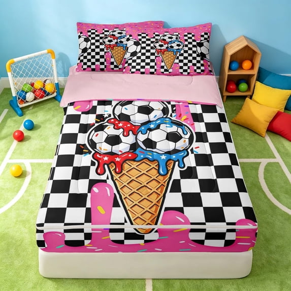 Manfei Kawaii Baseball Zipper Twin Comforter Sets with Fitted Sheet and 2 Pillowcases, Cute Sports Zipper Bedding Set, Pink Black Red Blue