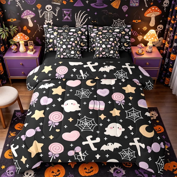 Manfei Kawaii Bat Ghost 7-Piece Twin Bedding, Halloween Love Heart Stars Print Bedding Comforter Set, Black Pink Yellow,Black Reversible