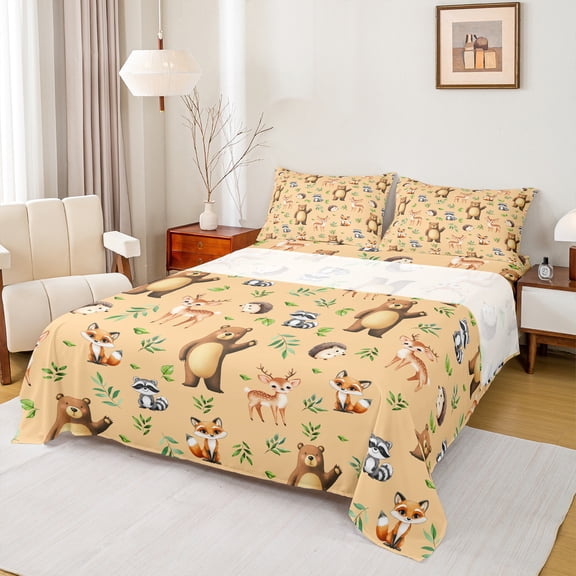 Manfei Kawaii Bear Deer Bed Sheets for Kids, Cartoon Fox Hedgehog King Sheets, Wildlife Animal Sheet Set, Luxury Bedroom Decor, 4pcs