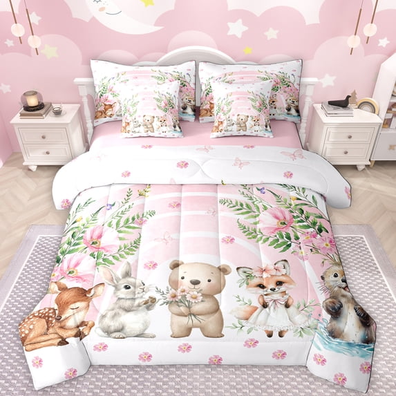 Manfei Kawaii Bear Fox 7pcs Bedding Comforter Set,Wild Reindeer Rabbit Queen Bedding Sets,Pink Flower Floral Queen Sheet Sets For Girls Teens,Microfiber Bedroom Decor Reversible