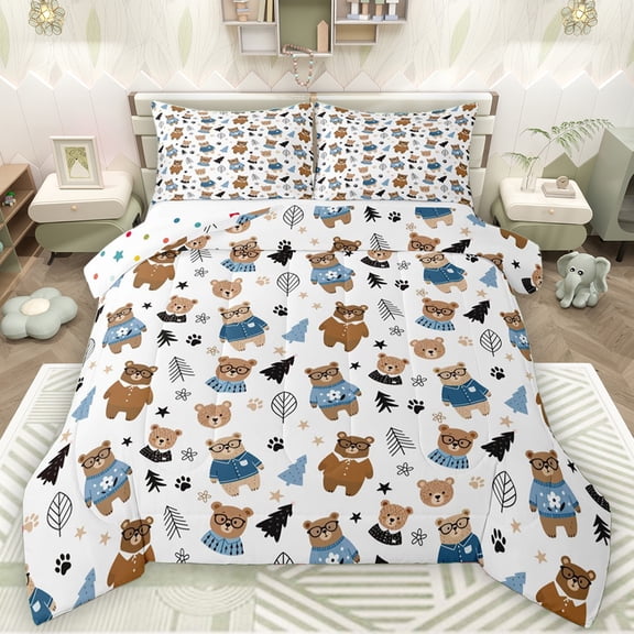 Manfei Kawaii Bear Print Bedding Comforter Set for Girl, Cartoon Xmas Tree Twin Comforter Sets, Cute Rustic Animal Reversible Bedding Set, Breathable Home Decor, 2-Piece