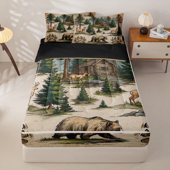 Manfei Kawaii Bear Zipper Twin Comforter Sets with Fitted Sheet and 2 Pillowcases,Woodland Animal Print Zipper Bedding Set,Brown,Black Reversible,4pcs