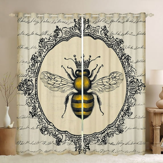 Homewish Kawaii Bee Queen Blackout Curtains Set of 2 (52x84 Each), Bohemian Damask Window Curtains, Western Vintage Fashion Curtains and Drapes, Blackout Curtains Room Decor