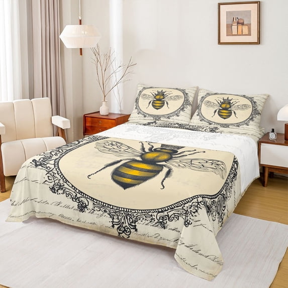 Homewish Kawaii Bee Queen Twin Sheet Sets, Bohemian Damask Twin Fitted Sheet, Western Vintage Fashion Flat Sheet, Super Cozy Room Decor, 3-Piece