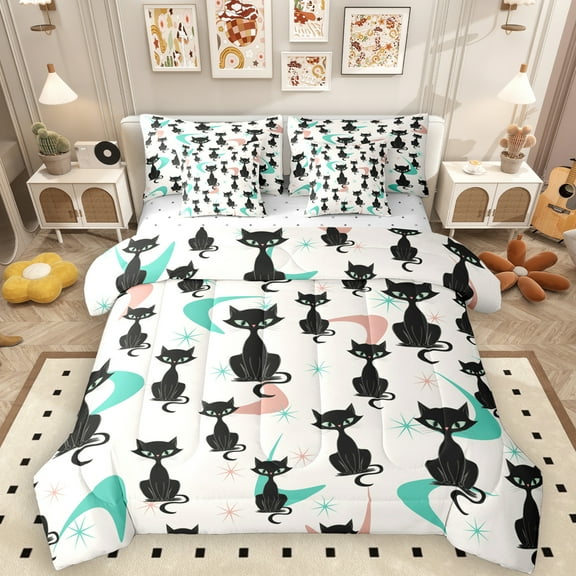 Manfei Kawaii Black Cat 7-Piece Twin Bedding Sets, Cartoon Cute Animal Bedding Comforter Set, Chic Abstract Ombre Reversible Sheet Sets, Lightweight Room Decor
