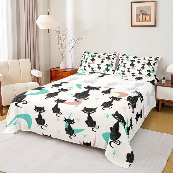 Manfei Kawaii Black Cat Bed Sheets, Cartoon Cute Animal King Sheets, Chic Abstract Ombre Sheet Set, Lightweight Room Decor, 4-Piece