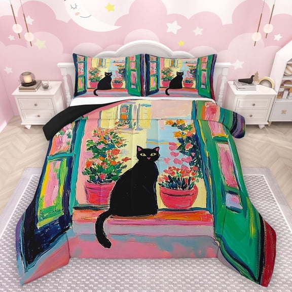 Manfei Kawaii Black Cat Bedding Comforter Set 2pcs for Child Teens,Chic Floral Flower Twin Comforter Sets Microfiber,Retro Vintage Aesthetic Breathable Bedding Set,Microfiber Bedroom Decor