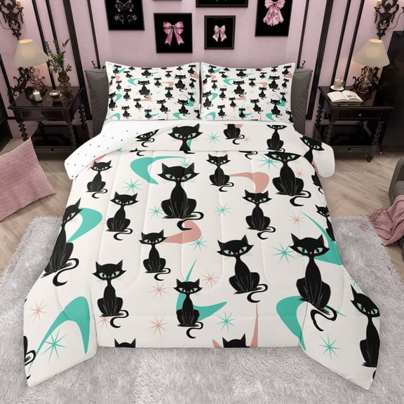 Manfei Kawaii Black Cat Bedding Comforter Set, Cartoon Cute Animal Twin Comforter Sets, Chic Abstract Ombre Reversible Bedding Set, Lightweight Room Decor, 2-Piece