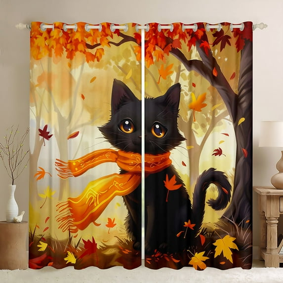 Manfei Kawaii Black Cat Black Out Curtains for Child, Autumn Maple Leaf Curtains Pack of 2 (42x63 Each), Cute Cartoon Kitten Animal Bedroom Curtains, Curtains and Drapes Bedroom Decor