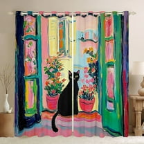 Manfei Kawaii Black Cat Black Out Curtains for Child Teens,Chic Floral Flower Curtains Pack of 2 (42x63 Each),Retro Vintage Aesthetic Bedroom Curtains,Microfiber Bedroom Decor