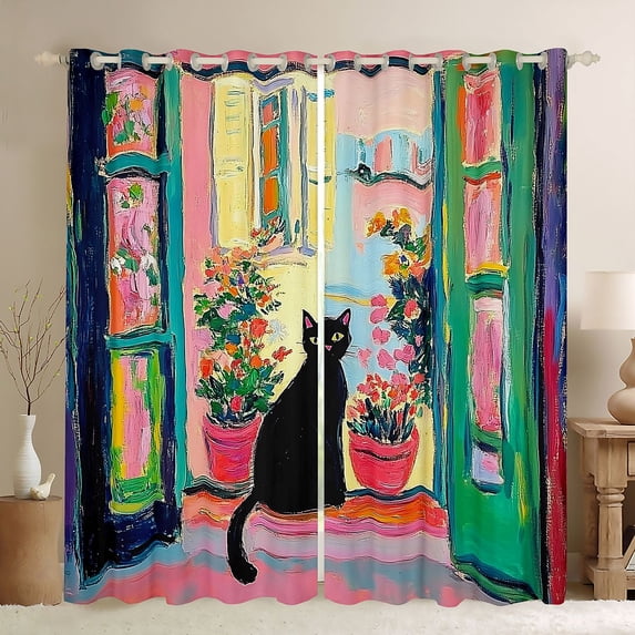 Manfei Kawaii Black Cat Curtains Pack of 2 (42x84 Each) for Child Teens,Chic Floral Flower Curtains Blackout,Retro Vintage Aesthetic Bedroom Curtains,Microfiber Bedroom Decor