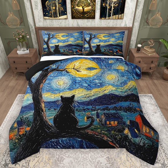 Manfei Kawaii Black Cat Full Size Comforter Sets 3-Piece for Child Teens,Abstract Starry Sky Bedding Comforter Set,Rustic Cabin Lightweight Bedding Sets,Microfiber Bedroom Decor,Reversible