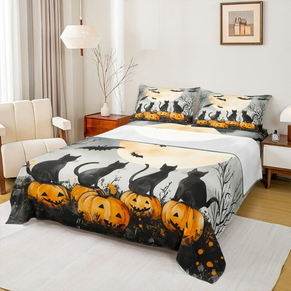 Manfei Kawaii Black Cat Full Size Sheets for Teens, Horror Orange Pumpkin Bed Sheets, Halloween Bat Animal Sheet Sets, Ultra Soft Home Decor, 4-Piece