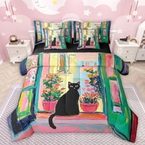 Manfei Kawaii Black Cat Twin Bedding Sets 7-Piece for Child Teens,Chic Floral Flower Bedding Comforter Set Microfiber,Retro Vintage Aesthetic Breathable Sheet Sets,Microfiber Bedroom Decor