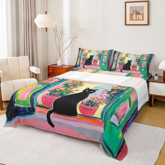 Manfei Kawaii Black Cat Twin Sheet Sets 3pcs for Child Teens,Chic Floral Flower Twin Fitted Sheet Microfiber,Retro Vintage Aesthetic Breathable Flat Sheet,Microfiber Bedroom Decor