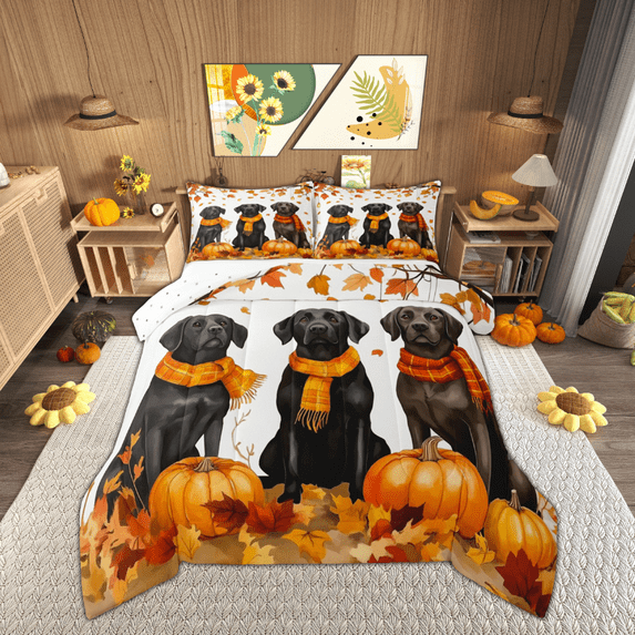 Manfei Kawaii Black Dog Full Size Comforter Sets, Harvest Autumn Pumpkin Bedding Comforter Set, Teen Boy Girl Kid Reversible Bedding Sets, Microfiber Bedroom Decor, 3 Pieces