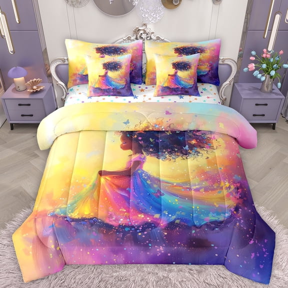 Manfei Kawaii Black Girl Bedding Comforter Set 7pcs, Cute Fairy Tale Princess King Bedding Sets, Dreamy Butterfly Reversible Bed Sheets, Luxury Bedroom Decor