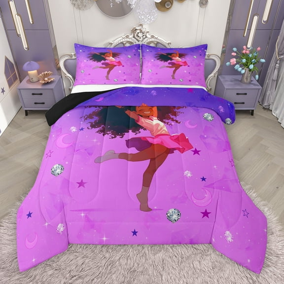 Manfei Kawaii Black Girl Bedding Comforter Set, Glitter Diamond Twin Comforter Sets, Fuchsia Stars Moon Reversible Bedding Set, Lightweight Room Decor, 2pcs