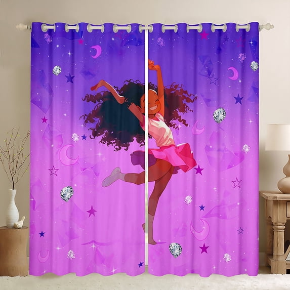 Manfei Kawaii Black Girl Black Out Curtains, Glitter Diamond Curtains Pack of 2 (42x63 Each), Fuchsia Stars Moon Bedroom Curtains, Living Room Curtains Decor