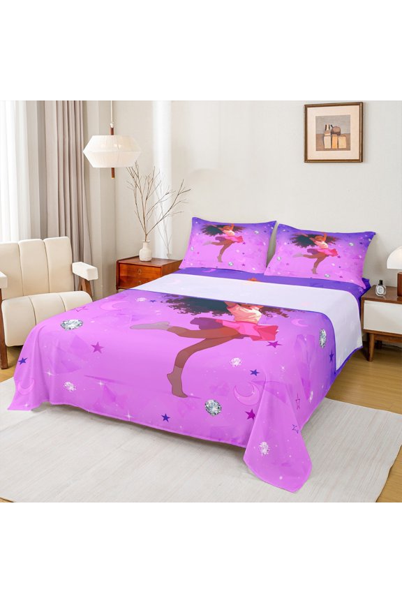 Kawaii Black Girl Queen Sheet Sets, Glitter Diamond Flat Sheet, Fuchsia Stars Moon Queen Fitted Sheet, Lightweight Room Decor, 4pcs