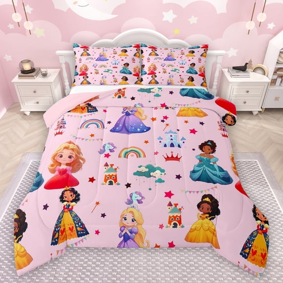 Manfei Kawaii Black Princess Bedding Comforter Set,Cartoon Castle Twin Comforter Sets,Multicolor Stars Print Bedding Set For Girl Teens,Ultra Soft Home Decor Reversible,2 Pieces
