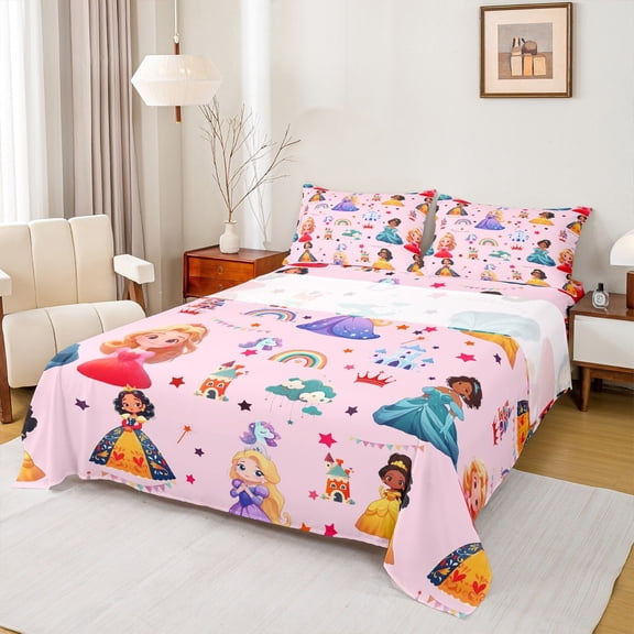 Manfei Kawaii Black Princess Twin Sheet Sets,Cartoon Castle Twin Fitted Sheet,Multicolor Stars Print Flat Sheet For Girl Teens,Ultra Soft Home Decor,3 Pieces