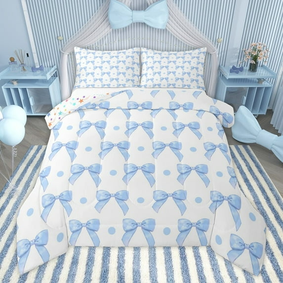 Manfei Kawaii Blue Bow 2pcs Bedding Comforter Set for Teens Children Girls,Cartoon Polka Dots Twin Comforter Sets,Dreamy Princess Breathable Bedding Set,Luxury Bedroom Decor,Reversible