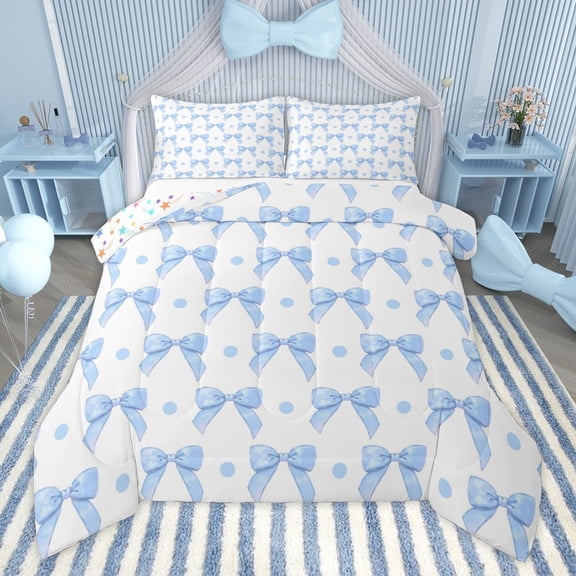 Manfei Kawaii Blue Bow 2pcs Bedding Comforter Set for Teens Children Girls,Cartoon Polka Dots Twin Comforter Sets,Dreamy Princess Breathable Bedding Set,Luxury Bedroom Decor,Reversible
