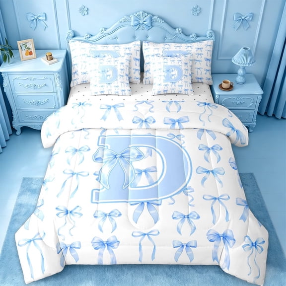 Manfei Kawaii Blue Bow 7 Pieces Bedding Comforter Set For Girls,Dreamy Letter D Personalized Initial Full Bedding Set For Kids,Reversible