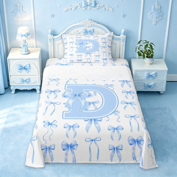 Manfei Kawaii Blue Bow Twin Sheet Sets For Girls,Dreamy Letter D Personalized Initial Bedding For Kids,3-Piece