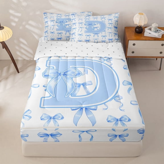Manfei Kawaii Blue Bow Zipper Twin Comforter Sets with Fitted Sheet and 2 Pillowcases For Girls,Dreamy Letter D Personalized Initial Zipper Bedding Set For Kids,Reversible,4-Piece
