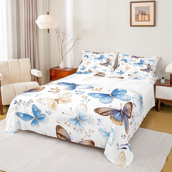 Homewish Kawaii Blue Butterfly Twin Sheet Sets, Fashion Watercolor Twin Fitted Sheet, Teens Kids Girls Female Flat Sheet, Breathable Home Decor, 3pcs