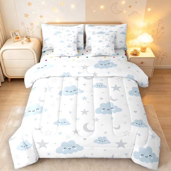 Manfei Kawaii Blue Clouds 7 Pieces Full Size Bedding Sets,Cute Stars Moons Heart Full Size Bed in a Bag,Polkadot Reversible