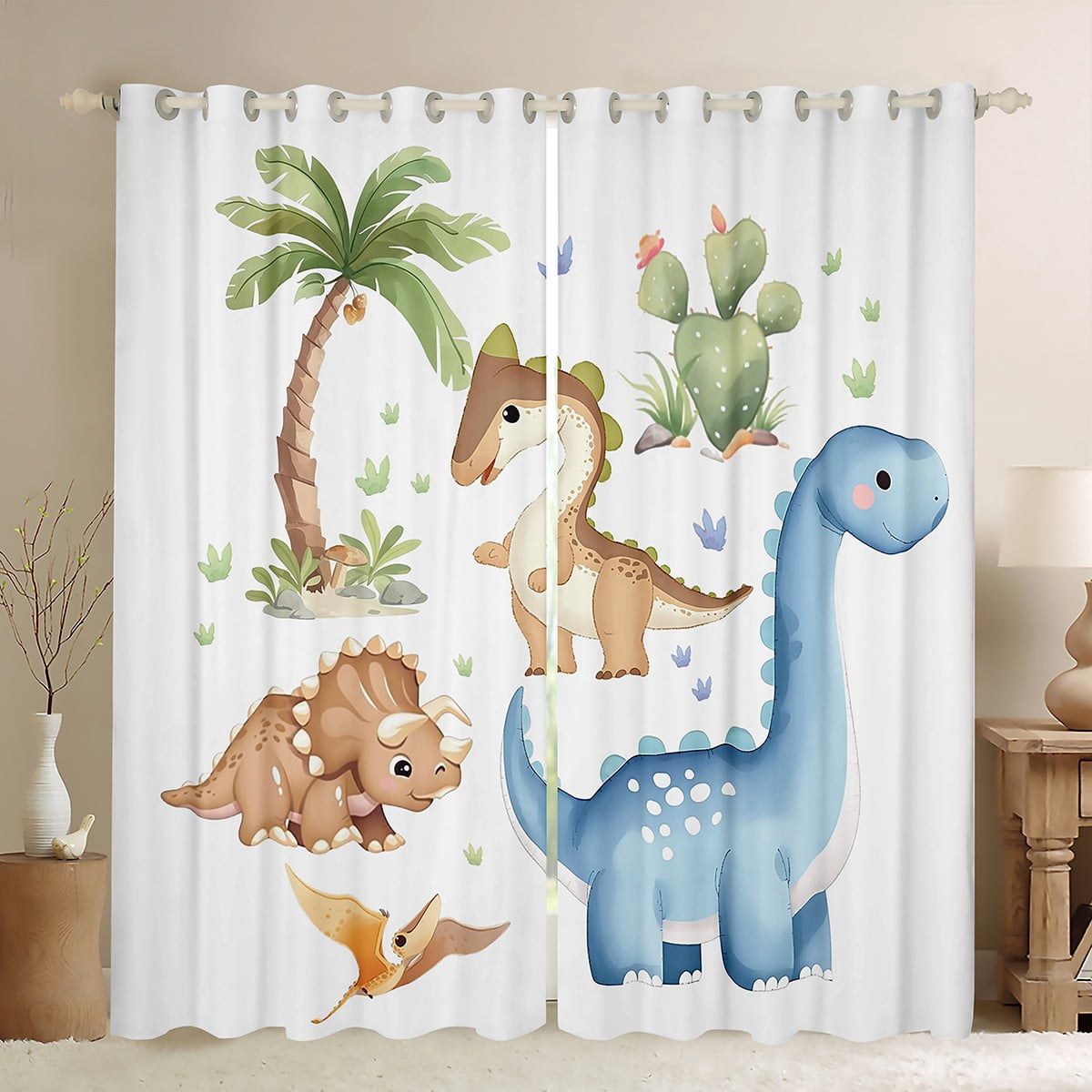Manfei Kawaii Blue Dinosaur Black Out Curtains, Cartoon Animal Curtains ...