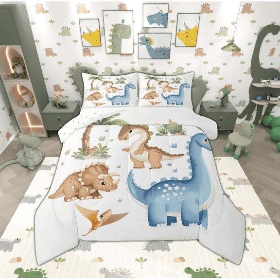 Manfei Kawaii Blue Dinosaur Full Size Comforter Sets, Cartoon Animal Bedding Comforter Set, Teens Boys Girls Kids Reversible Bedding Sets, Super Cozy Room Decor, 3pcs