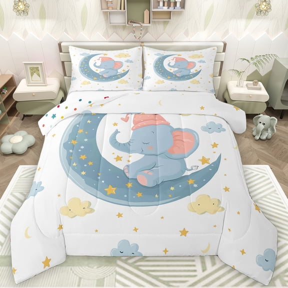 Manfei Kawaii Blue Elephant Queen Comforter Set for Teens, Dreamy Fairy Tale Animal Bedding Sets, Moon Stars Galaxy Reversible Bedding Comforter Set, Super Cozy Room Decor, 3 Pieces