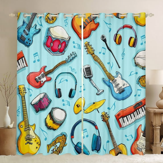 Manfei Kawaii Blue Headphones Curtains Pack of 2 (42x84 Each) for Kids, Cartoon Musical Note Curtains Blackout, Music Lover Bedroom Curtains, Curtains and Drapes Bedroom Decor