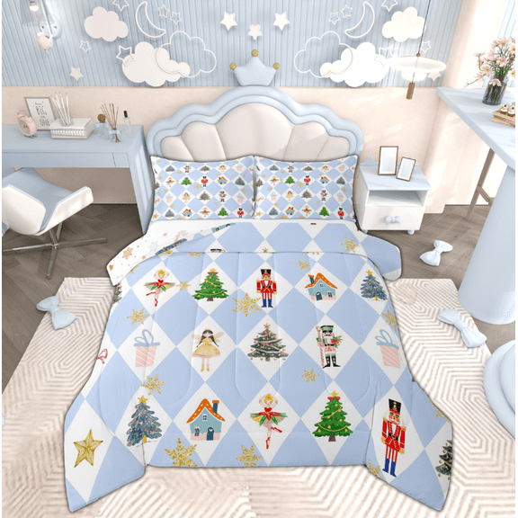 Manfei Kawaii Blue Nutcracker Full Size Comforter Sets, Christmas Princess Bedding Comforter Set, Teen Kid Child Reversible Bedding Sets, Microfiber Bedroom Decor, 3 Pieces