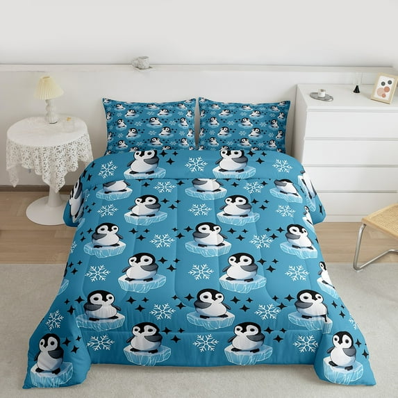 Manfei Kawaii Blue Penguin Full Size Comforter Sets for Kid, Antarctic Wildlife Animal Bedding Comforter Set, Winter Snowflake Bedding Sets, Microfiber Bedroom Decor, 3 Pieces