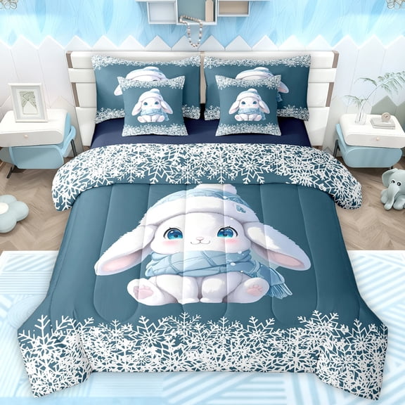 Manfei Kawaii Blue Rabbit Bedding Comforter Set 7pcs for Girl, Winter Christmas Snowflake Queen Bedding Sets, Cute Bunnies Animal Reversible Queen Sheet Sets, Ultra Soft Bedroom Decor